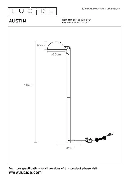 Lucide AUSTIN - Floor lamp - Ø 28 cm - 1xE27 - Black - technical